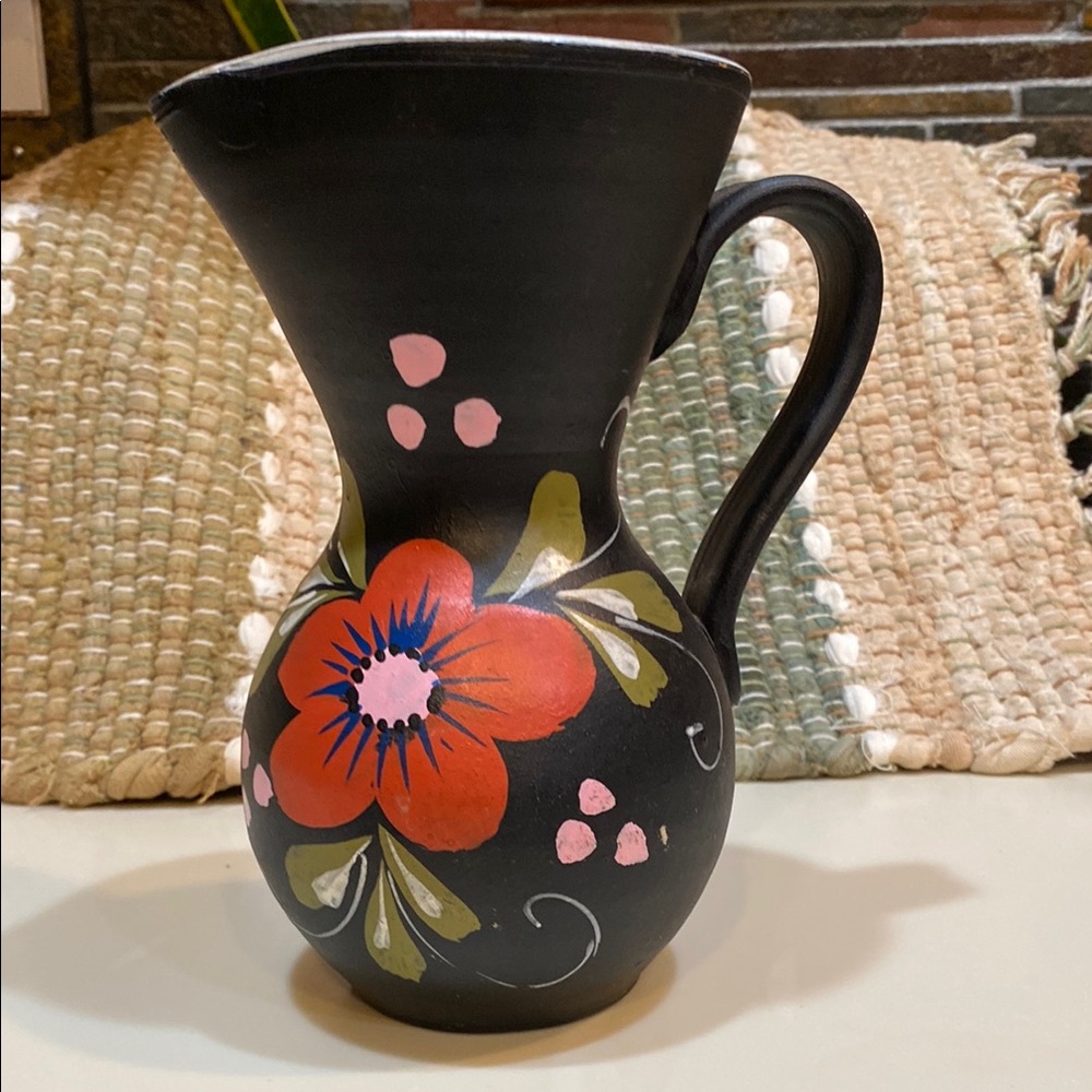 Hand-Painted Black Vase with Floral Italian Pottery